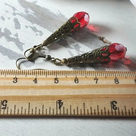 Bronze Faceted Crystal Ruby Red Luster Antiqued Filigree Teardrop Earrings - Picture 8 of 8